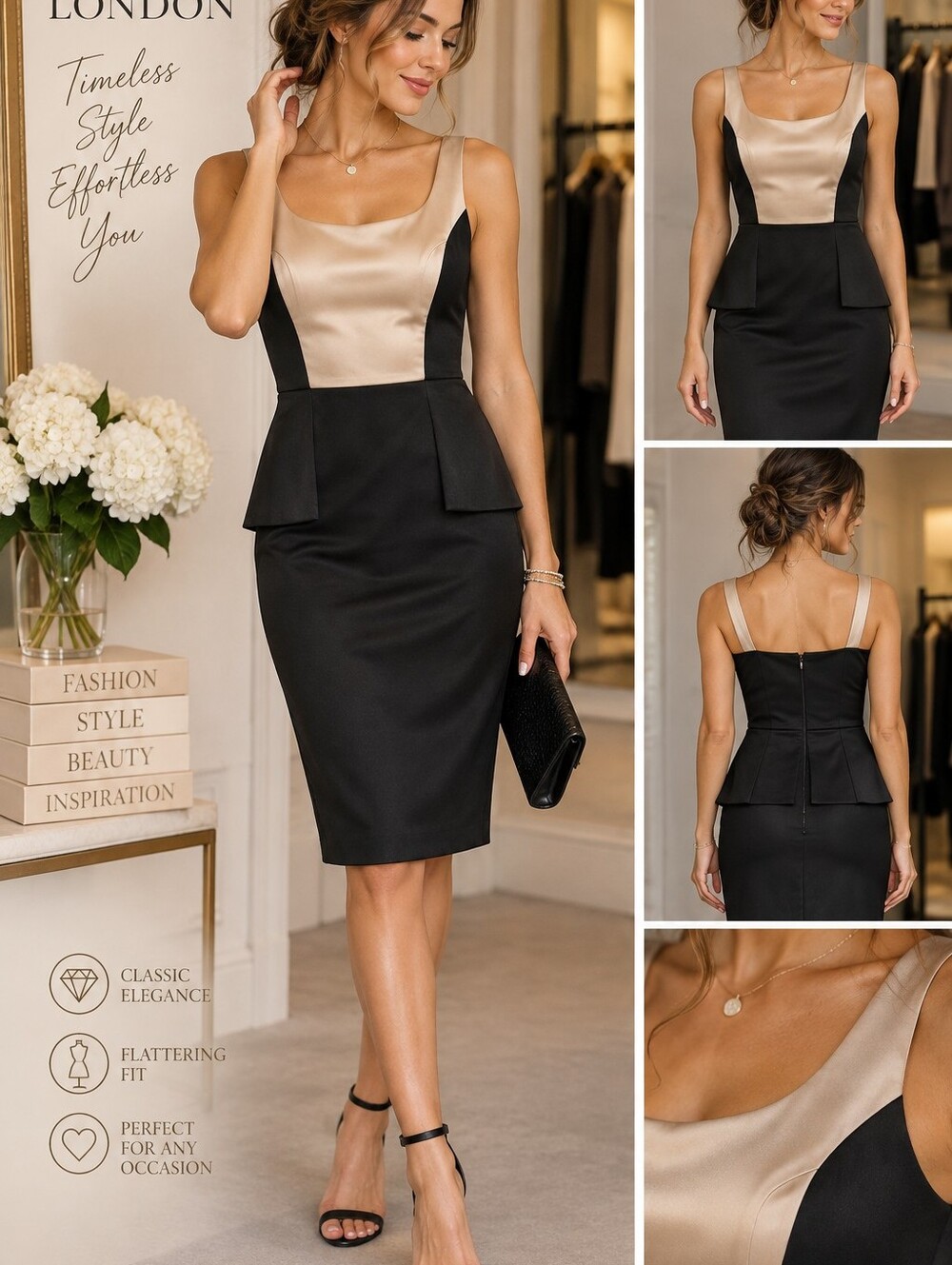 Maggy London Black & Champagne Satin Peplum Midi Dress